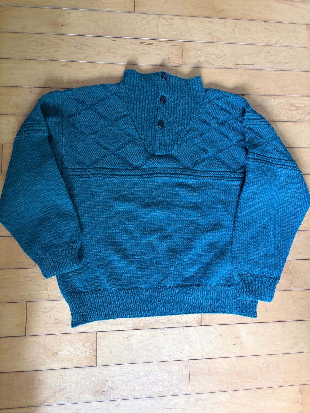 Handmade in NS Men's green Cable Yoke Button Mock Neck Sweater